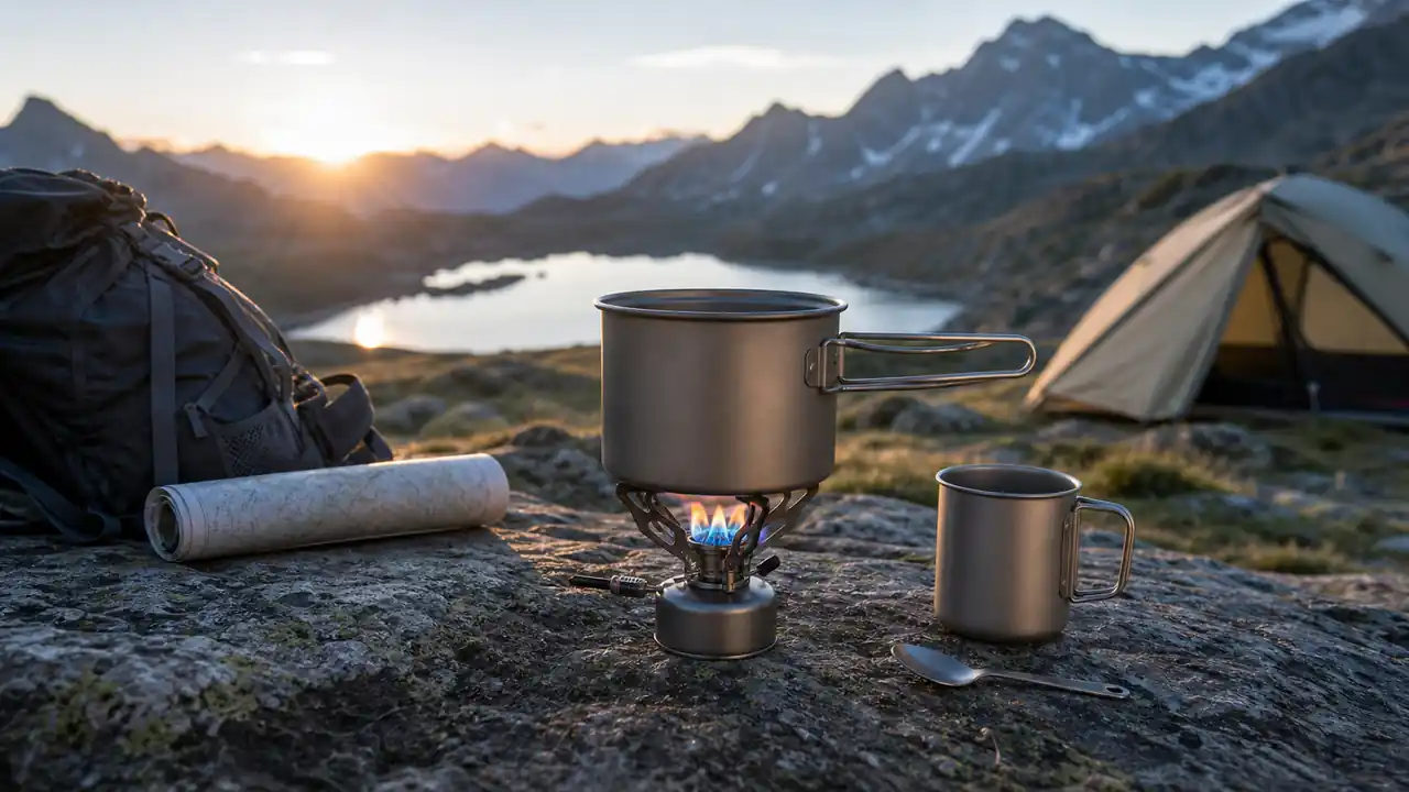 Leichtes Titan-Campinggeschirr für eine Person am Trekkingplatz