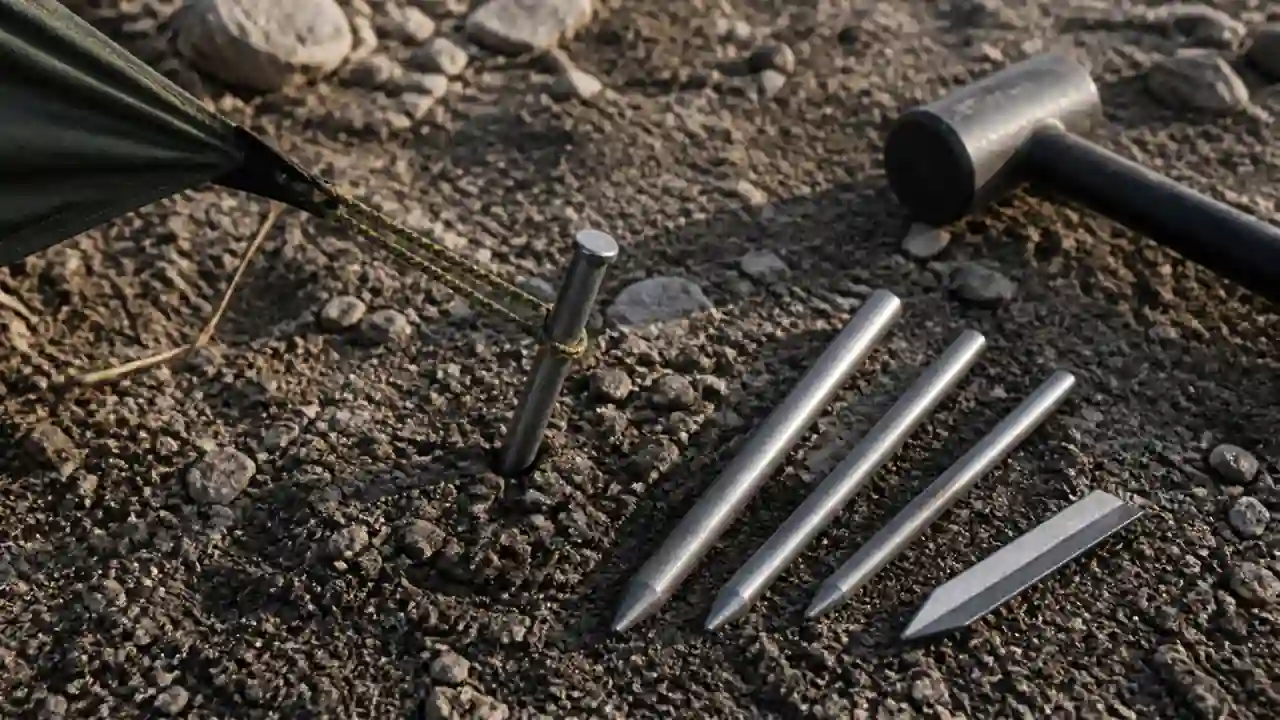 Robuste Titan-Heringe in kompaktem steinigem Boden neben Zeltleine