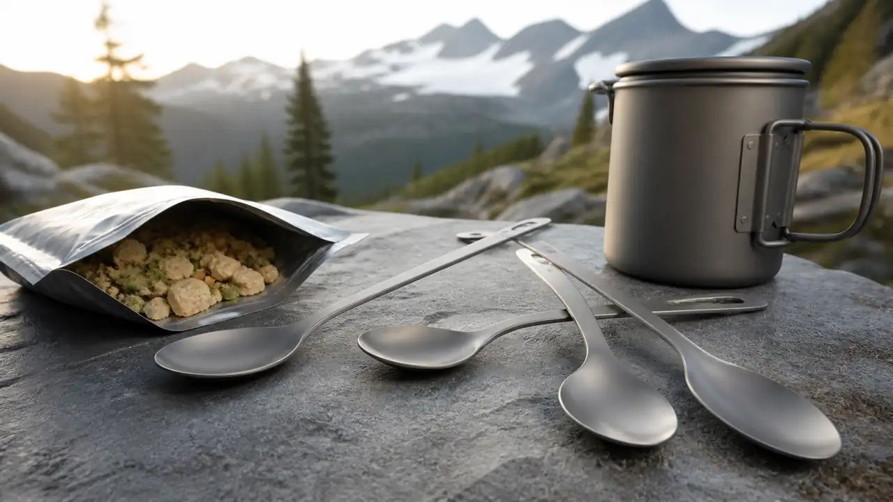Titan-Langlöffel neben Trekkingmahlzeit und Campingtopf