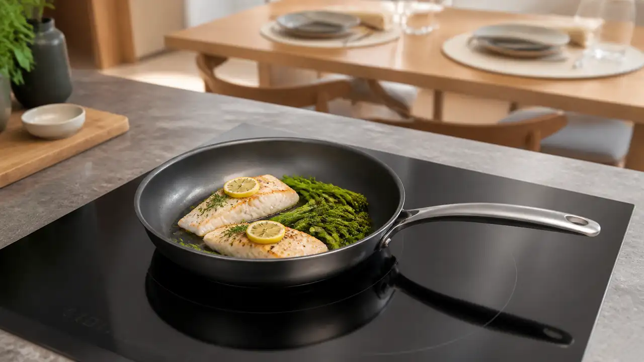 24-cm-Titanpfanne mit zwei Portionen Gemüse und Fisch auf mittlerer Kochzone