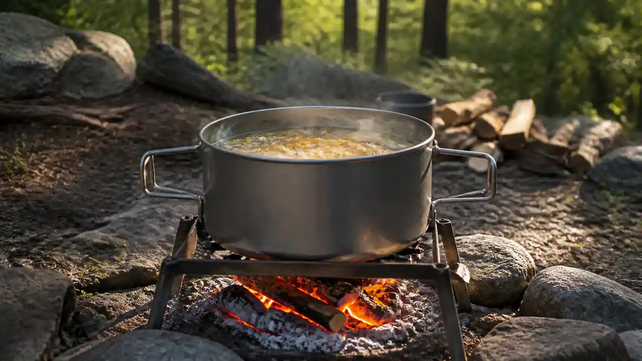 Großer Zwei-Liter-Titantopf über einer stabilen Campingfeuerstelle