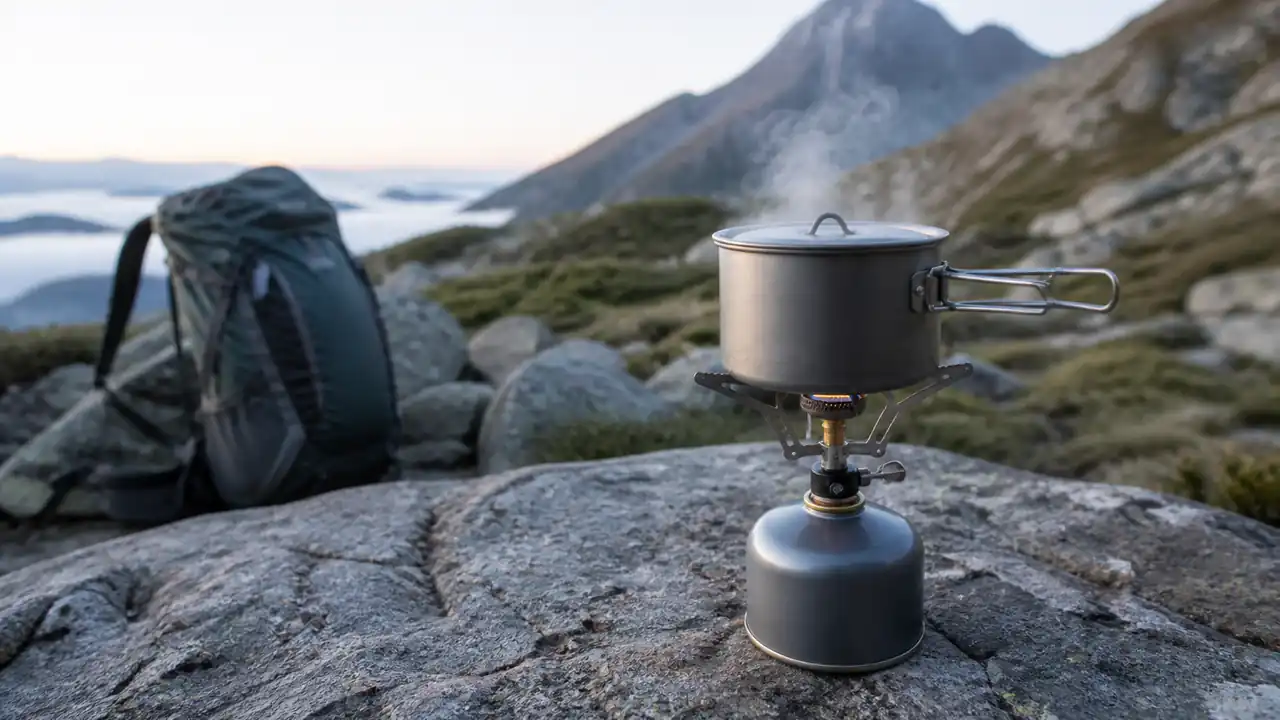 Kompakter 550-ml-Titantopf auf einem Campingkocher beim Trekking