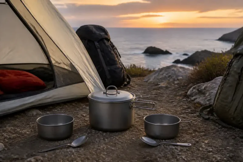 Großer Titan-Topf mit zwei Outdoor-Portionen vor einem Zelt