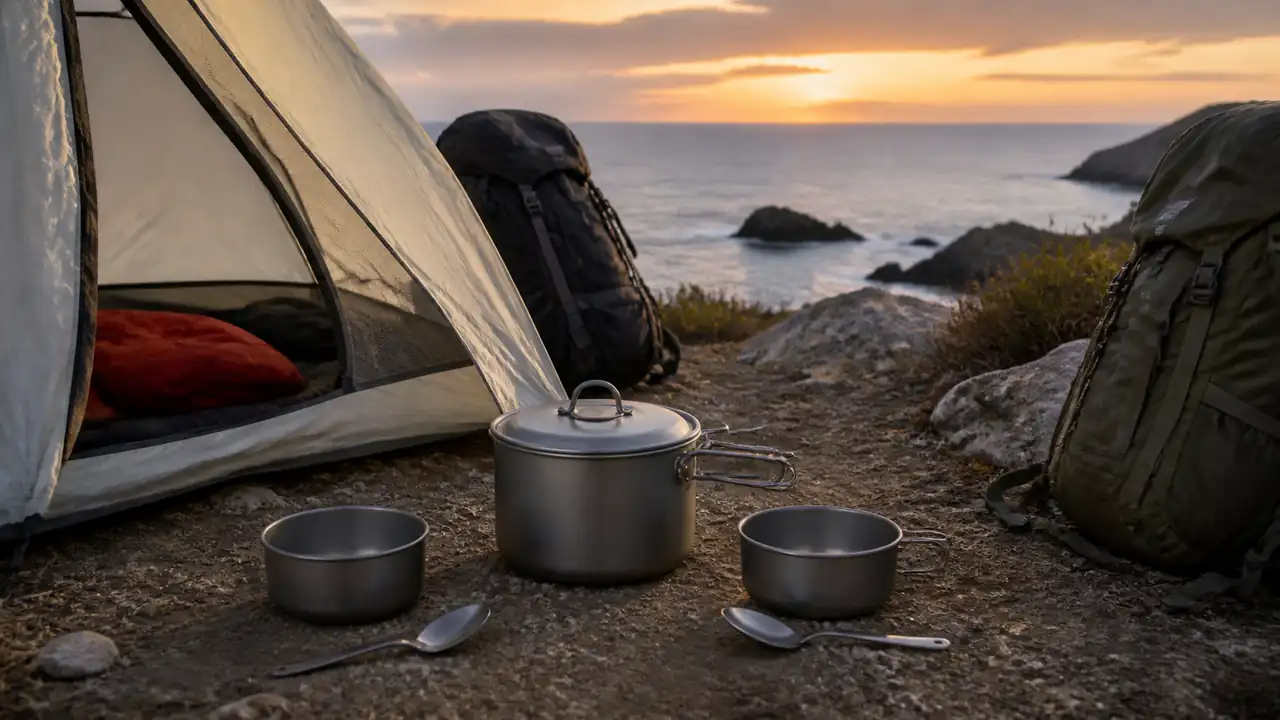 Großer Titan-Topf mit zwei Outdoor-Portionen vor einem Zelt